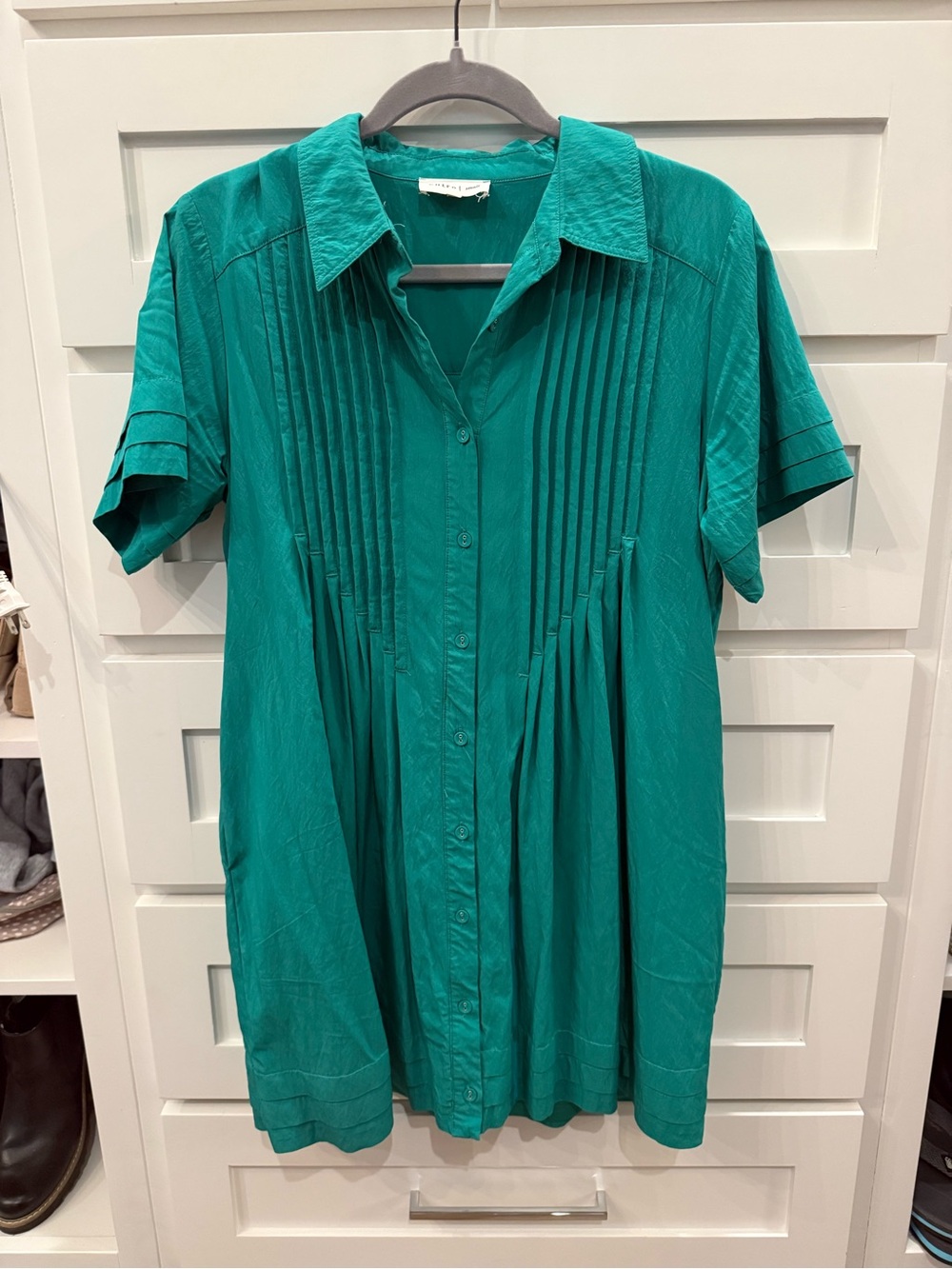 entro Teal Button-Front Pleated Short-Sleeve Dress